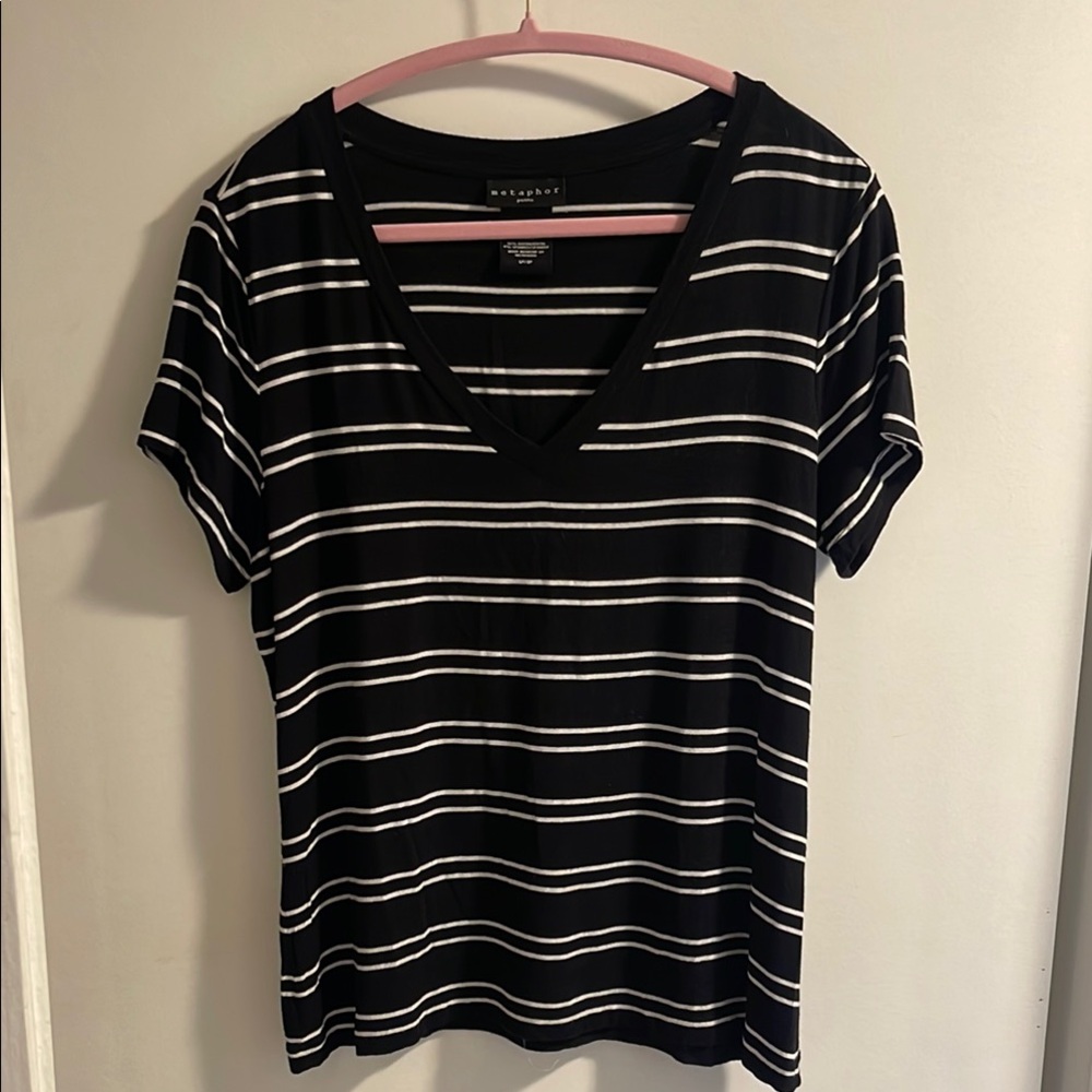 metaphor petite Black and White Striped V-Neck Top Large
